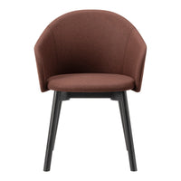 Brown upholstered chair with a rounded back and dark wood legs, featuring a smooth, minimalist design.