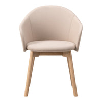 Beige upholstered chair with a curved back and light wooden legs, showcasing a minimalist design and soft texture.