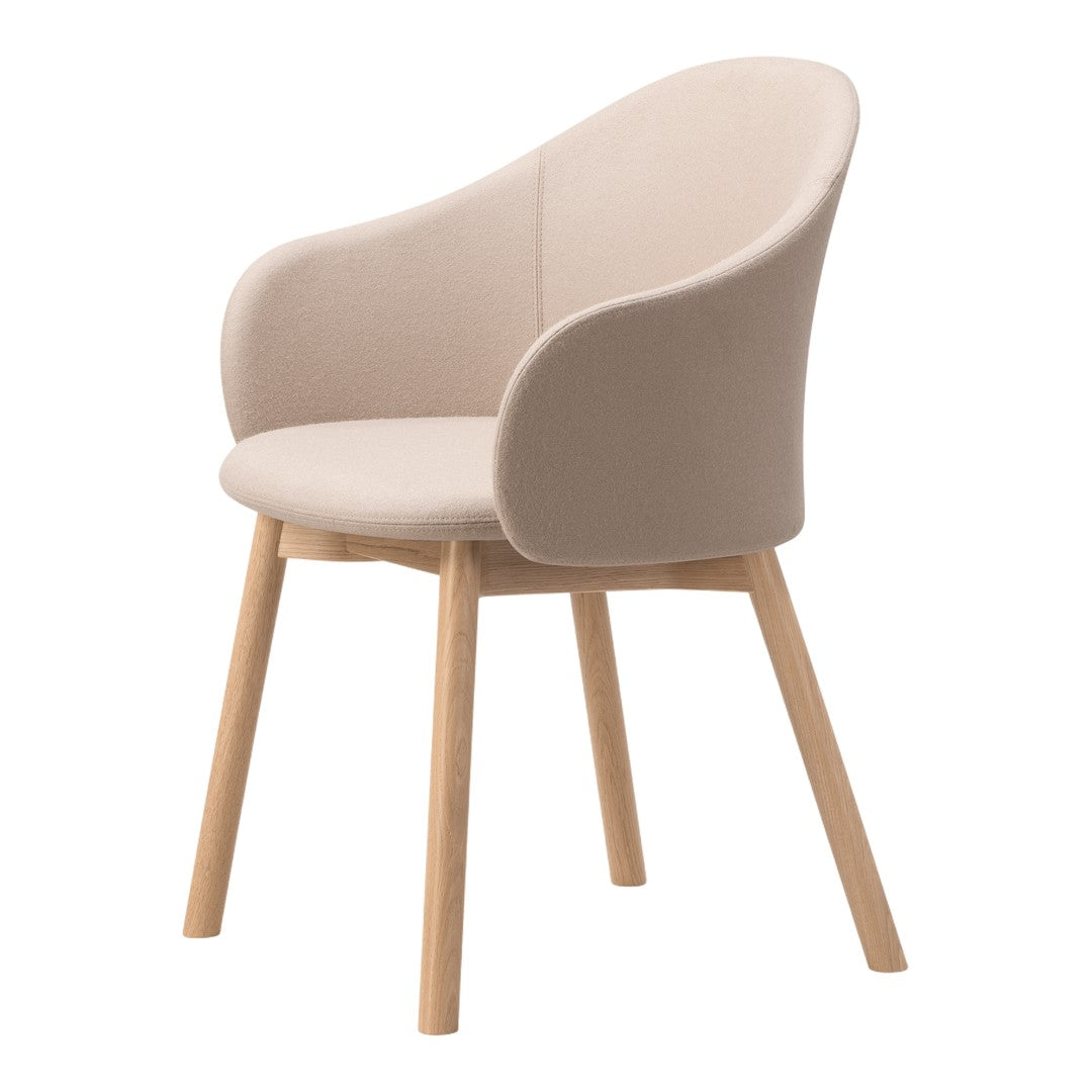 Beige upholstered chair with smooth curves and natural wood legs, perfect for modern decor.