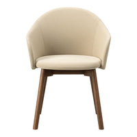 Beige upholstered chair with a rounded back and wooden legs, featuring a smooth, textured fabric.