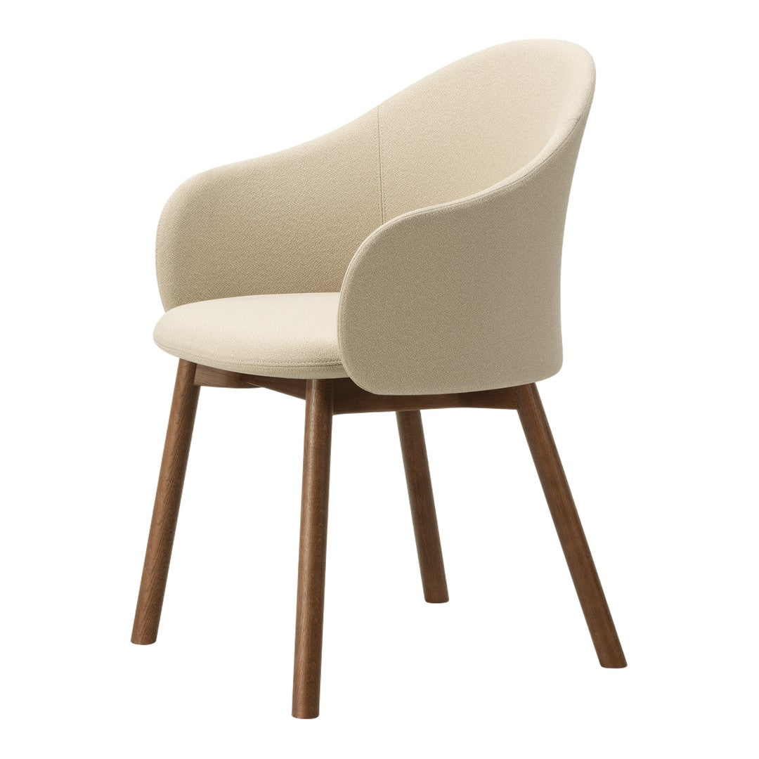 Beige upholstered chair with rounded arms and wooden legs, perfect for a modern, stylish interior.