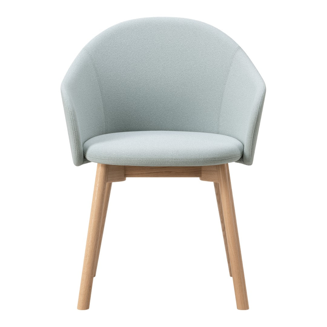 Light blue upholstered chair with a textured fabric finish and natural wood legs, offering a modern and sleek design.