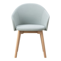 Light blue upholstered chair with a textured fabric finish and natural wood legs, offering a modern and sleek design.