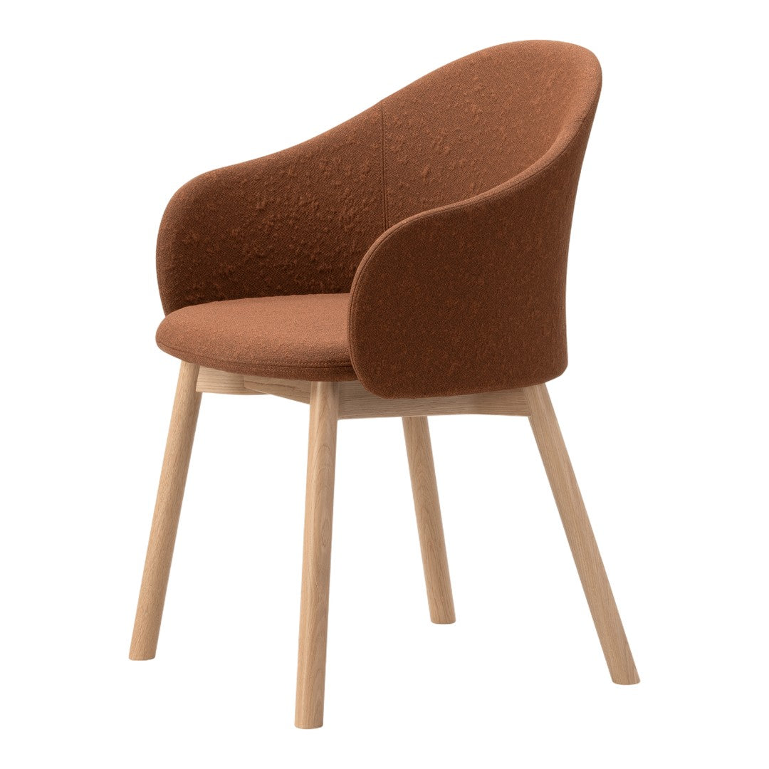 Brown textured chair with wooden legs, featuring a warm, earthy tone and a smooth, modern design.