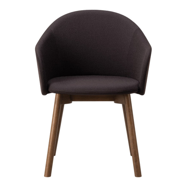 Round upholstered chair in deep charcoal gray with natural wood legs, featuring a smooth texture and minimalistic design.