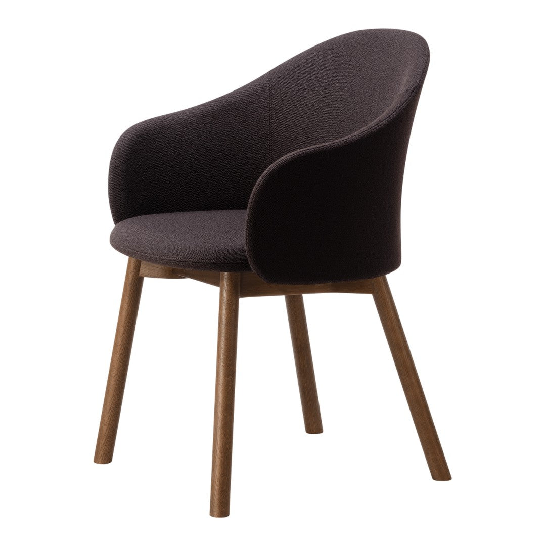 Elegant dark brown upholstered chair with a smooth finish and warm wooden legs, perfect for modern interiors.