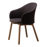 Elegant dark brown upholstered chair with a smooth finish and warm wooden legs, perfect for modern interiors.