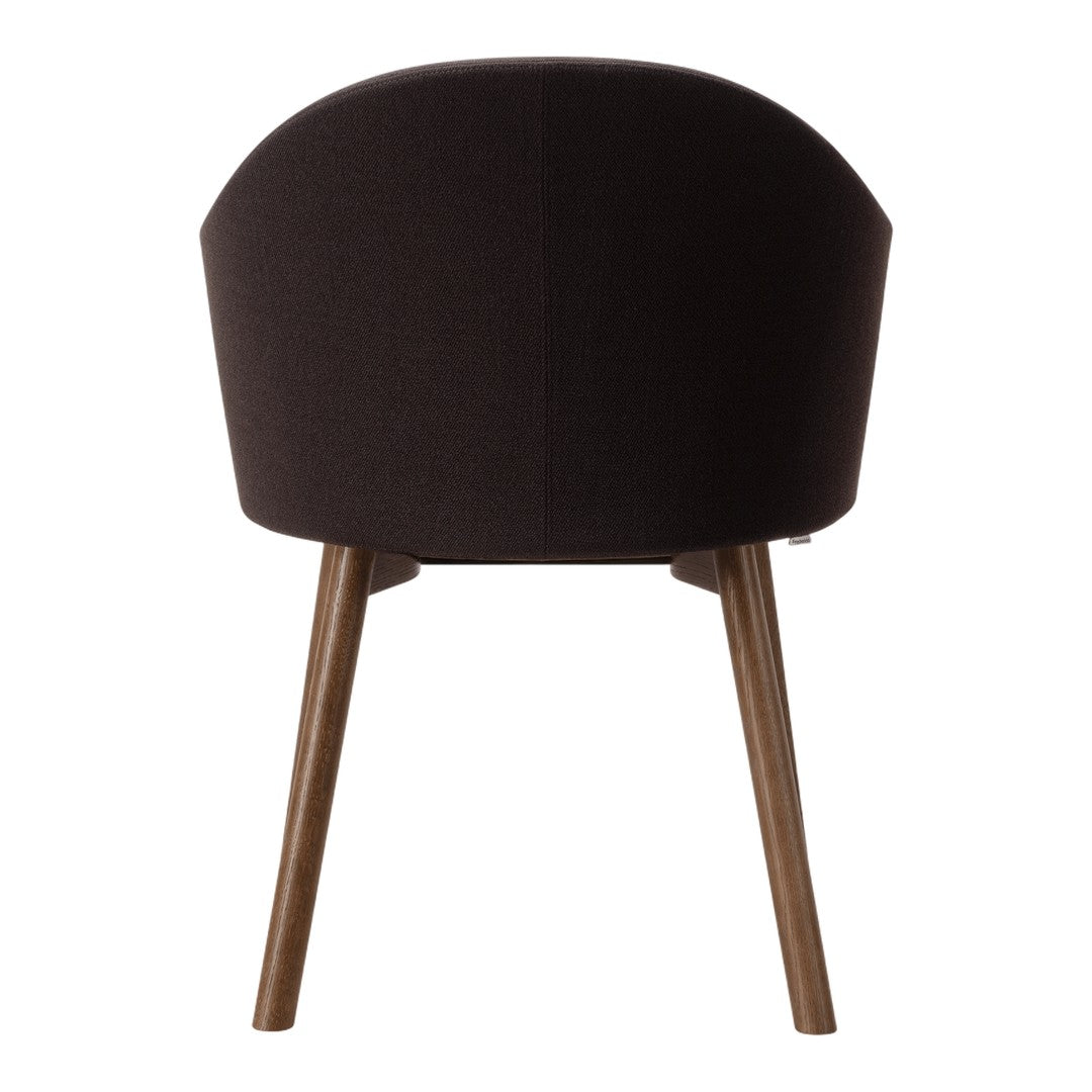Stylish dark brown chair with a textured fabric finish and wooden legs, perfect for modern interiors.