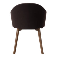 Stylish dark brown chair with a textured fabric finish and wooden legs, perfect for modern interiors.