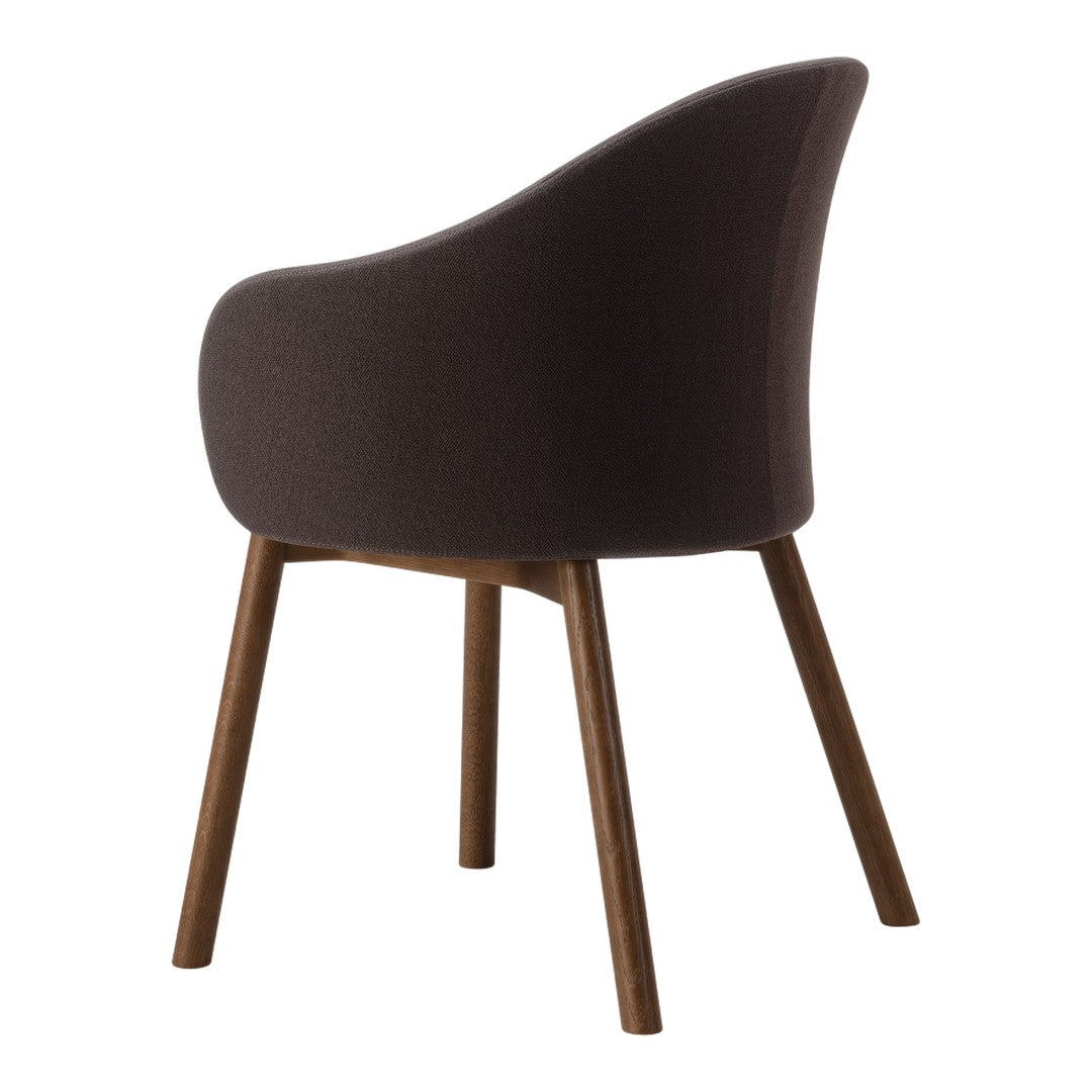 Dark brown upholstered chair with a smooth texture and wooden legs, featuring a simple, modern design.