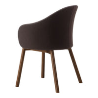 Dark brown upholstered chair with a smooth texture and wooden legs, featuring a simple, modern design.