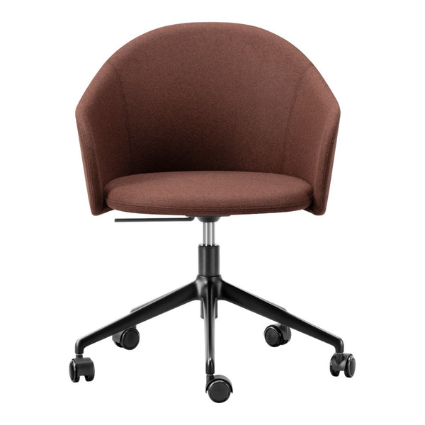 Brown upholstered chair with a sleek black base and caster wheels, featuring a smooth, minimalist design.