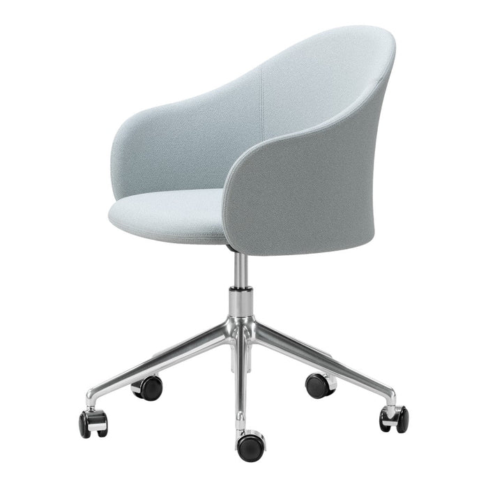 Light gray upholstered chair with a smooth finish and sleek chrome base, perfect for modern office decor.