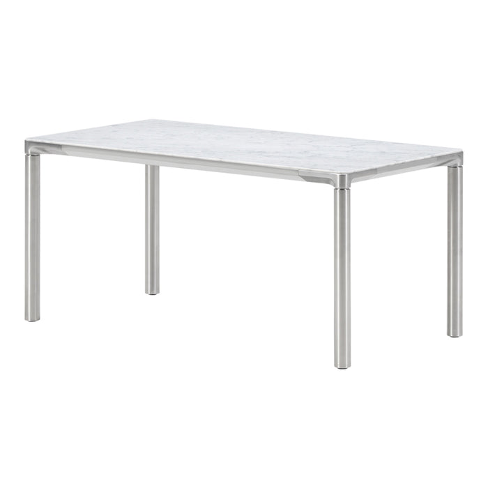 Sleek white tabletop with subtle gray marbling, paired with shiny silver metal legs for a modern aesthetic.