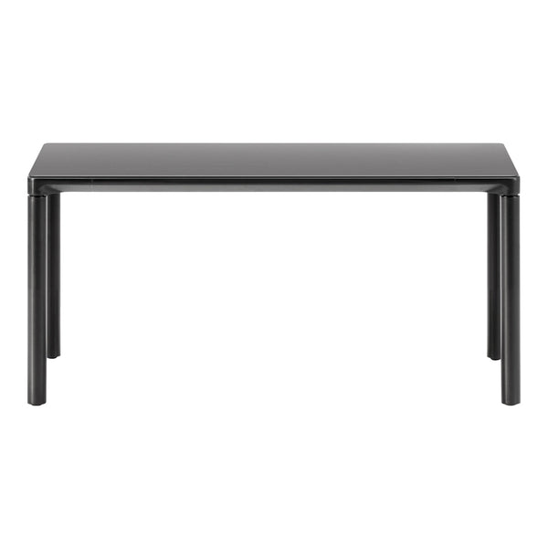 Sleek, modern black dining table with a smooth, glossy finish and clean lines, perfect for contemporary spaces.