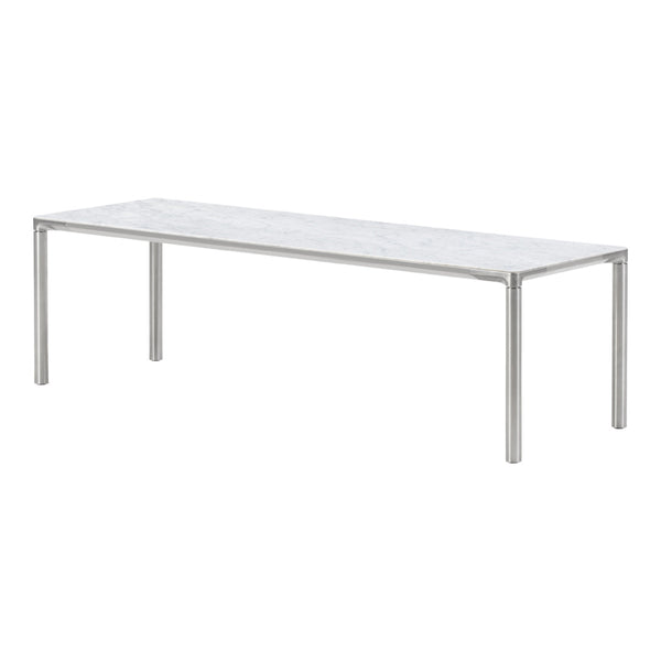 "Long rectangular table with a sleek white marble top and silver metal legs, featuring a smooth, minimalist design."