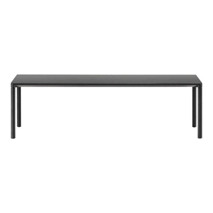 Sleek black rectangular coffee table with a minimalist design and sturdy metal legs.