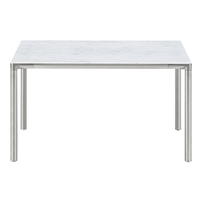 Modern rectangular table with a sleek white marble top and silver metal legs. Elegant and minimalist design.