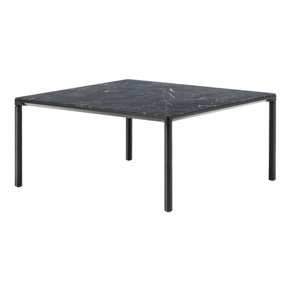 Square black marble table with subtle white veining and sleek black metal legs. Modern and elegant design.