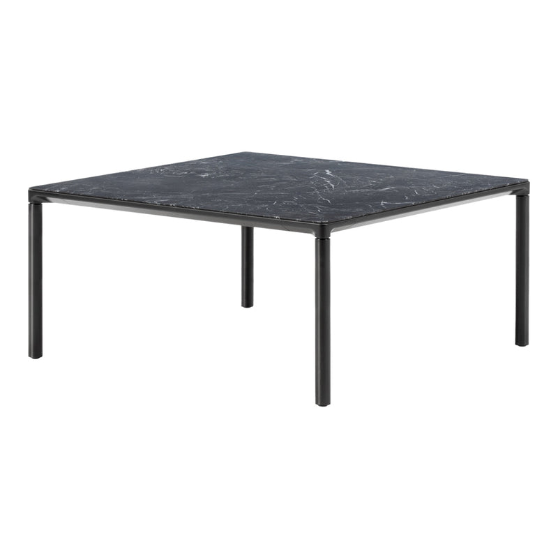 Square black marble table with subtle white veining and sleek black metal legs. Modern and elegant design.