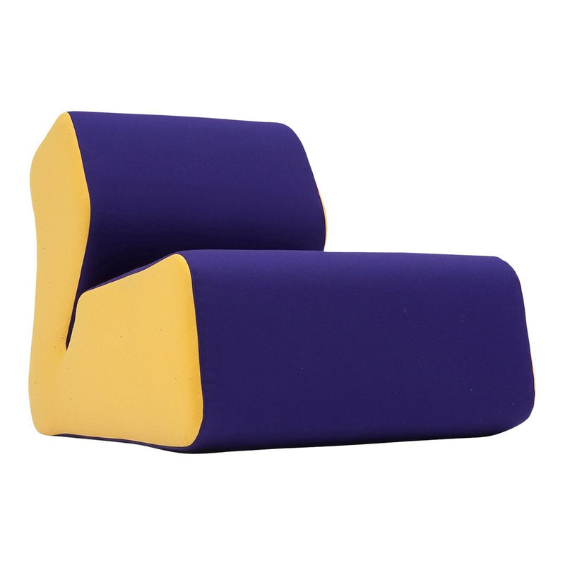 Modern chair in vibrant purple with contrasting yellow accents and sleek geometric design. Perfect for stylish decor.