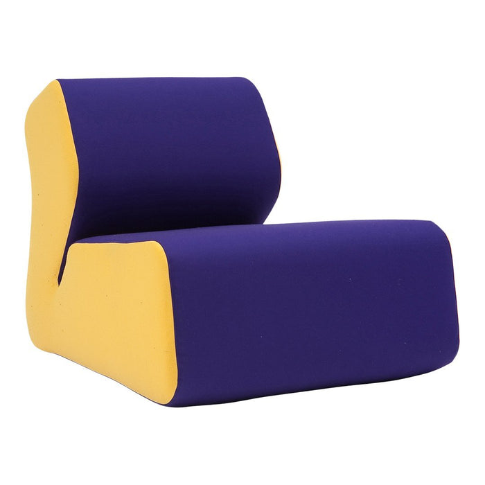 Modern chair in bold purple with bright yellow accents, featuring a smooth, contoured design. Perfect for stylish interiors.