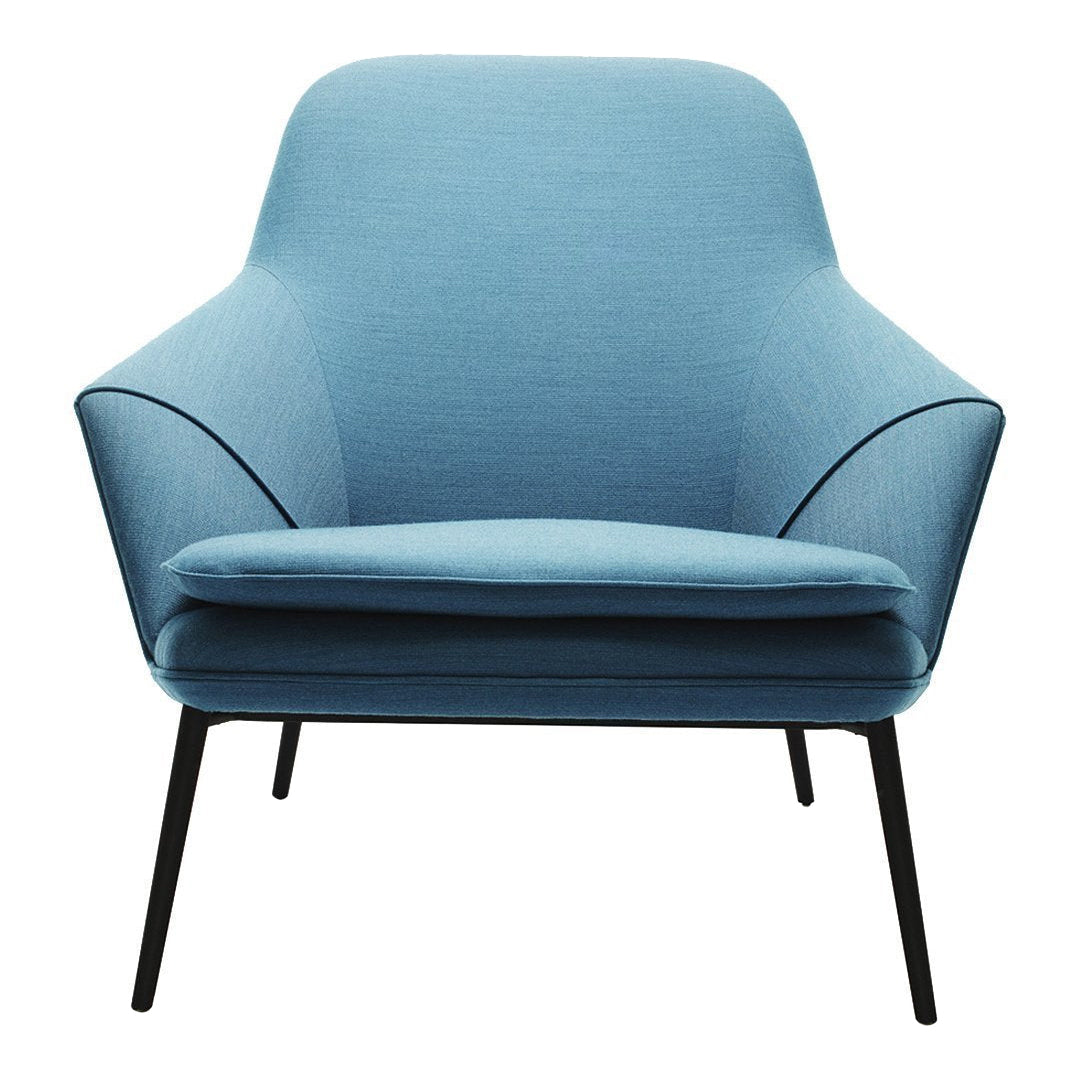Light blue lounge chair with a modern silhouette and subtle texture, featuring sleek black legs.