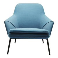 Light blue lounge chair with a modern silhouette and subtle texture, featuring sleek black legs.