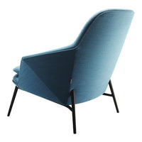 Stylish blue upholstered chair with a sleek, modern design and black legs, showcasing a textured fabric pattern.