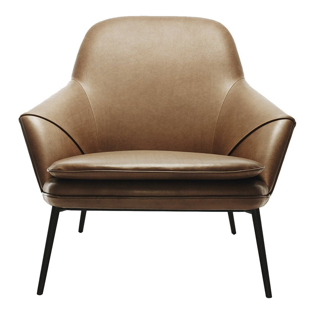 Tan leather accent chair with sleek lines and black metal legs, perfect for modern interiors.