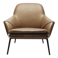 Tan leather accent chair with sleek lines and black metal legs, perfect for modern interiors.