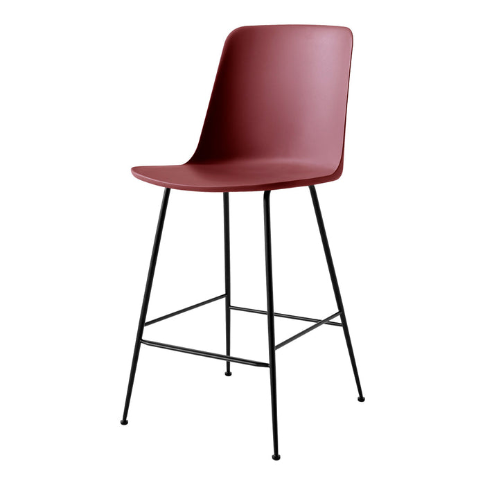 Modern burgundy bar stool with sleek black metal legs and minimalist design, perfect for contemporary spaces.