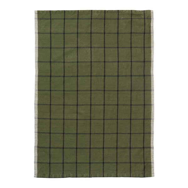 Olive green tablecloth with a black grid pattern and fringed edges. Perfect for rustic dining settings.