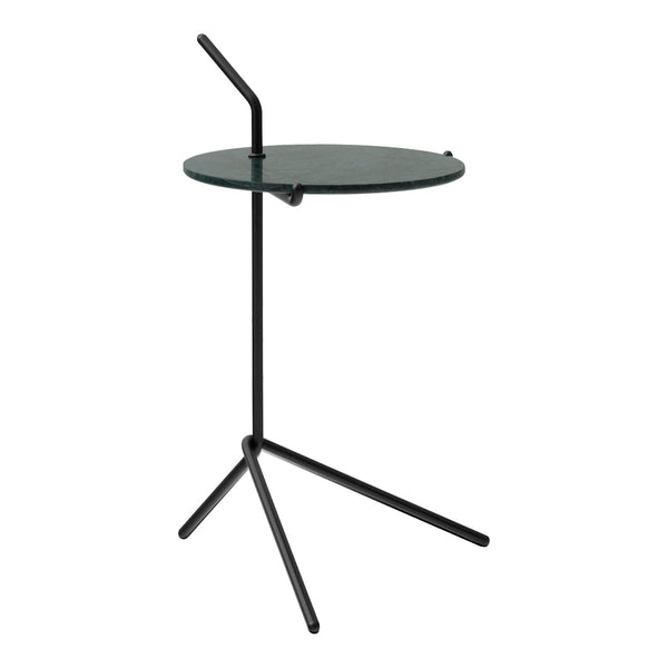 Modern black metal side table with a sleek round glass top, featuring a minimalist design for contemporary decor.