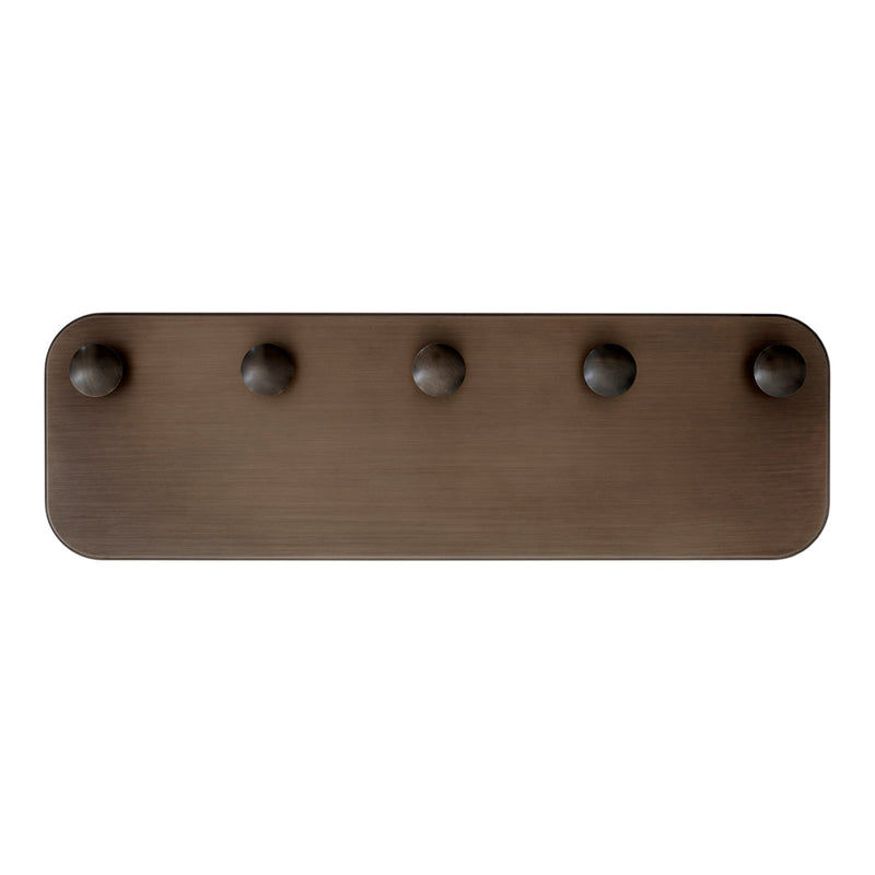 Bronze wall hook rack with four round knobs and a sleek, minimalist design. Perfect for modern decor.