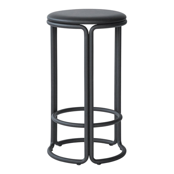 Black bar stool with a smooth round seat and minimalist metal frame, featuring clean lines and a modern design.