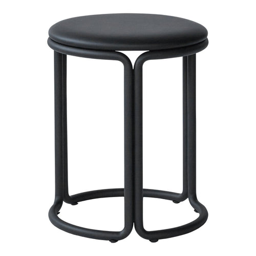 Black round stool with a smooth seat and sleek, minimalist metal frame. Ideal for modern decor.