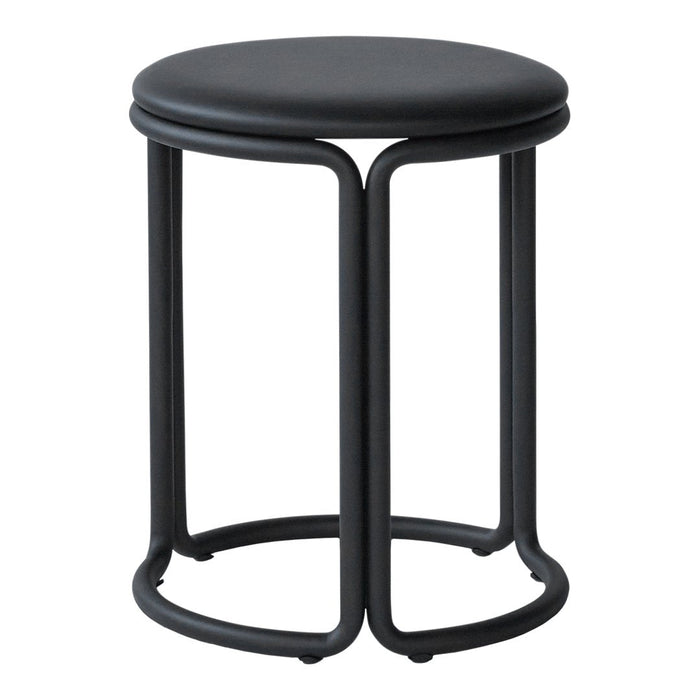 Black round stool with a smooth seat and sleek, minimalist metal frame. Ideal for modern decor.