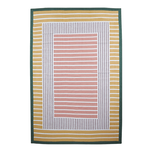 Striped rug featuring pink, white, green, and yellow patterns, perfect for adding color to any space.