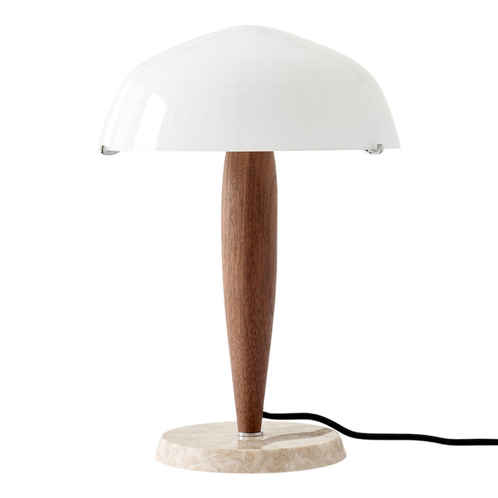 White glass lampshade, natural wood base, and cream stone pedestal create a modern, minimalist design.