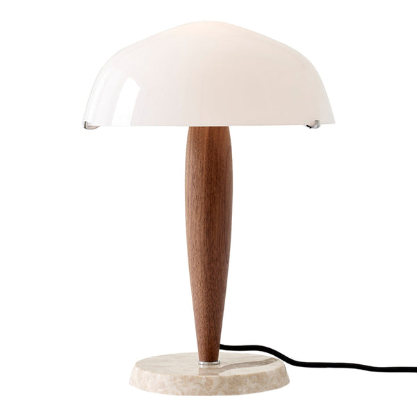 Elegant white glass lamp with a smooth, rounded shade, wooden base, and a beige marble pedestal for a modern look.