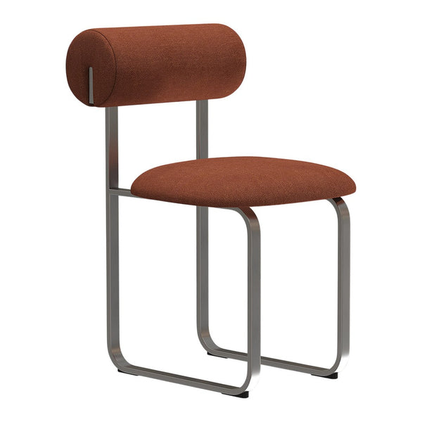 Stylish modern chair featuring a rich brown upholstery and sleek metal frame, combining color and minimalistic design.