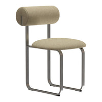 Light beige upholstered chair with a round backrest and sleek silver metal frame, featuring a minimalist design.
