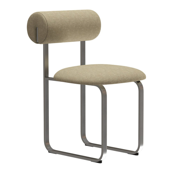 Light beige upholstered chair with a round backrest and sleek silver metal frame, featuring a minimalist design.