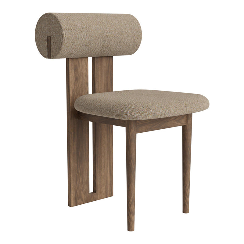 Brown upholstered chair with a round back, featuring a simple wood base and minimalistic design.