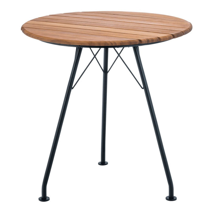 Round wooden table with a natural wood finish and black metal legs, featuring a sleek, minimalist design.