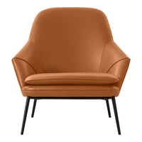 Stylish mid-century modern chair in rich brown leather with smooth, sleek contours and black metal legs.