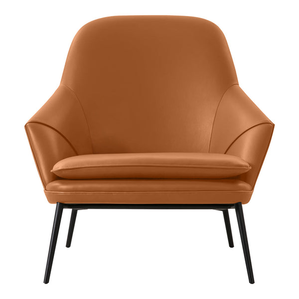 Stylish mid-century modern chair in rich brown leather with smooth, sleek contours and black metal legs.