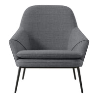 Gray upholstered chair with smooth curves and a minimalist design, featuring black metal legs. Perfect for modern interiors.