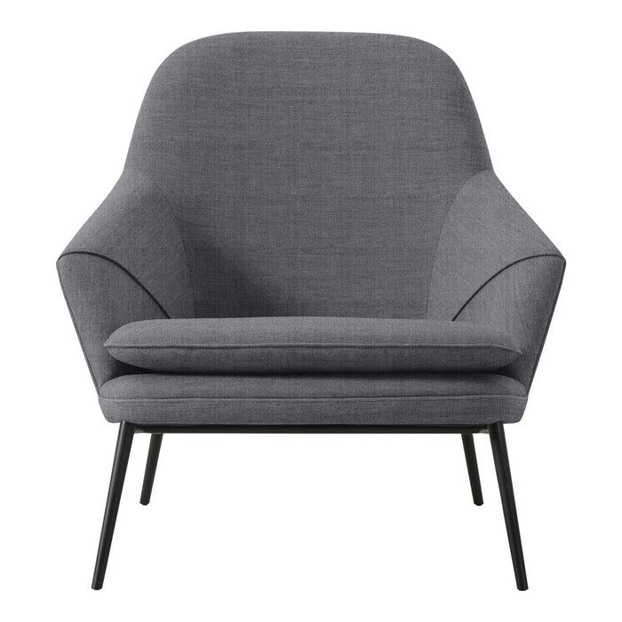 Gray upholstered chair with smooth curves and a minimalist design, featuring black metal legs. Perfect for modern interiors.